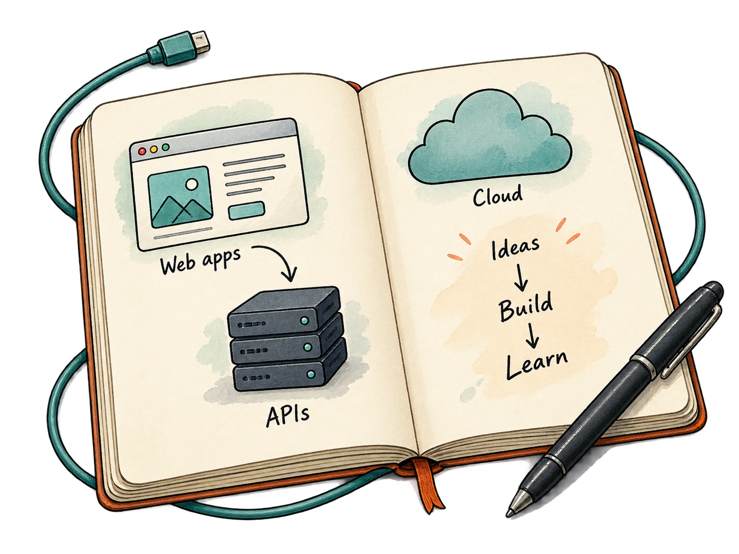 An open notebook connects web apps, APIs, and cloud systems: ideas, build, learn.