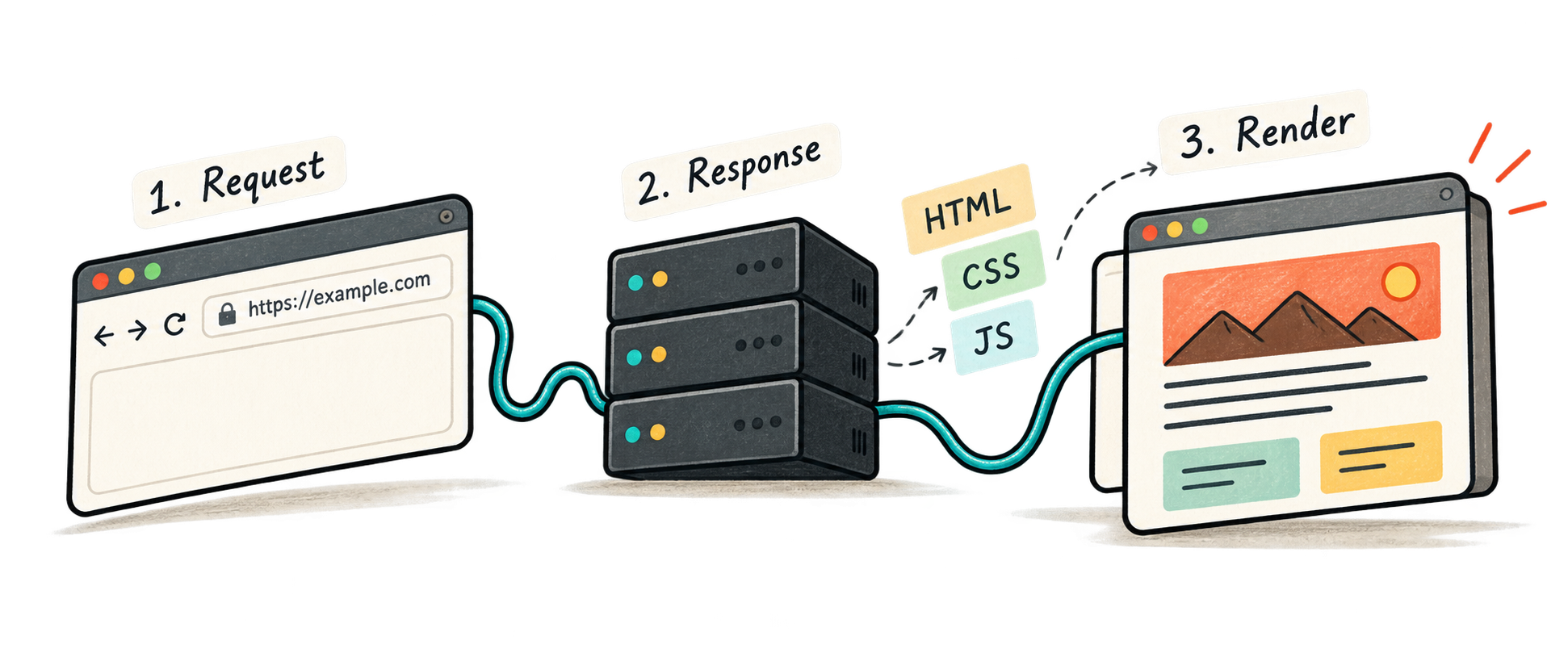 A request travels from a browser to a server, which responds with HTML, CSS, and JavaScript for the browser to render.